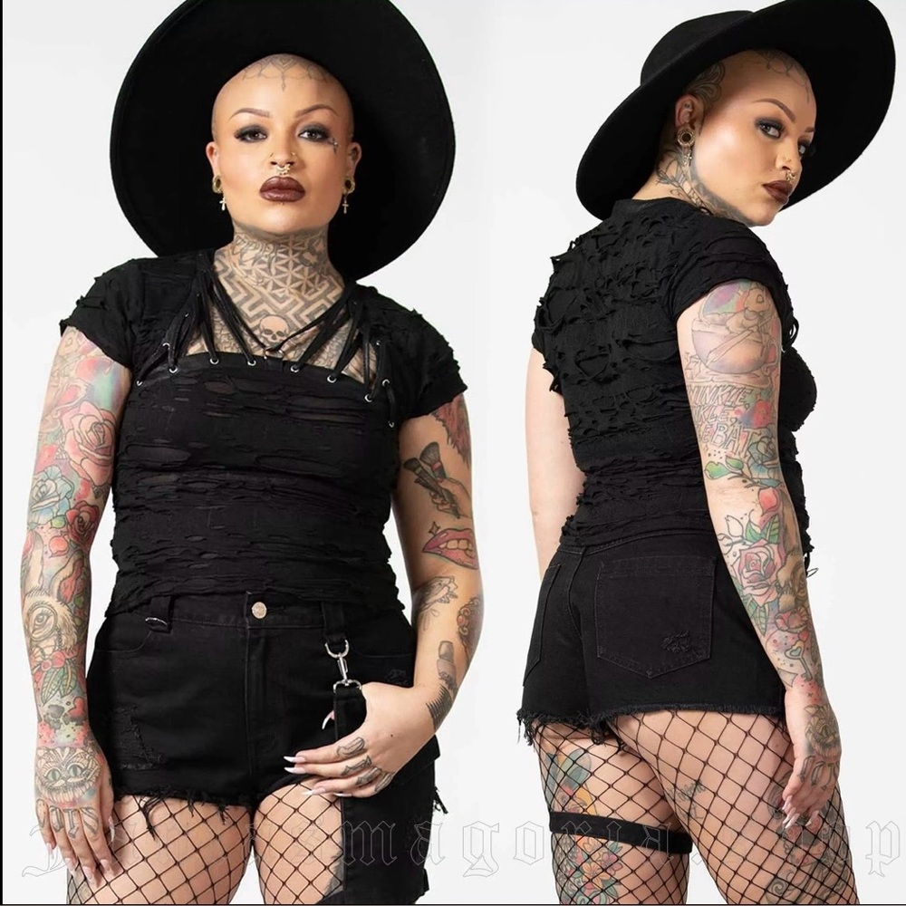 Black Distressed Strappy Short Sleeve Top